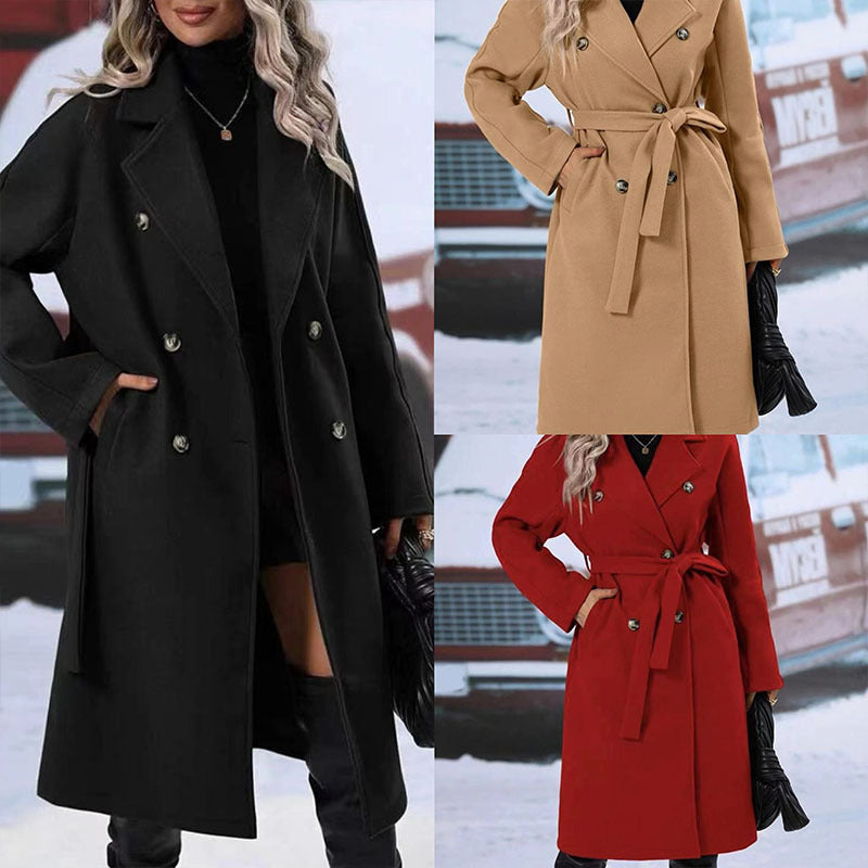 Lapel Double-Breasted Trench Coat with Belt