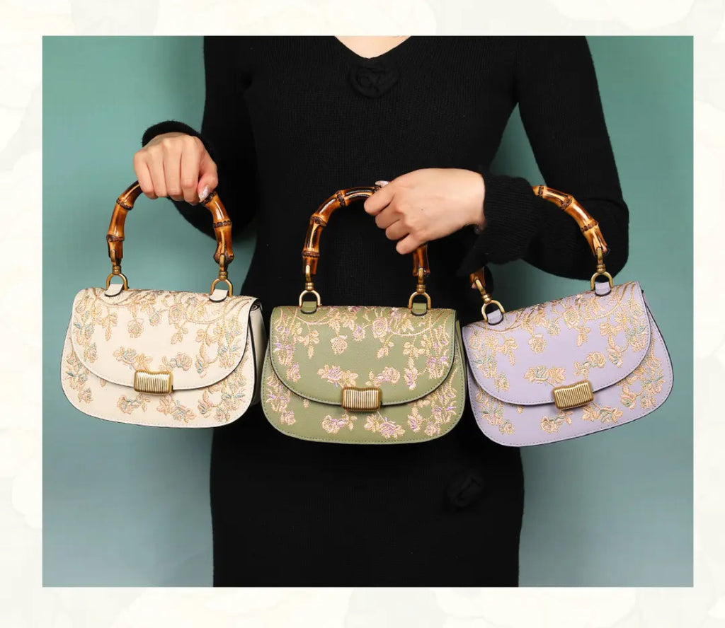 Ladies Cowhide Embroidery Bamboo Handbag
