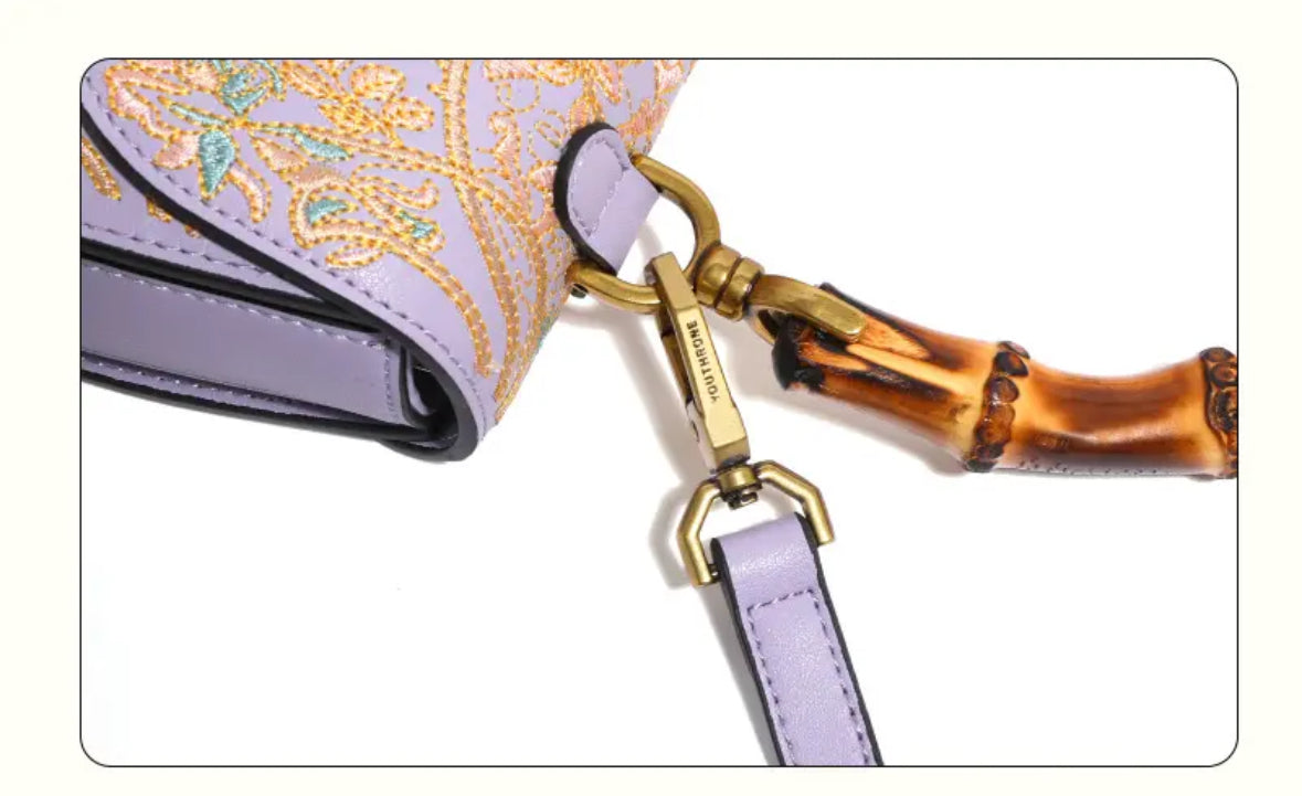 Ladies Cowhide Embroidery Bamboo Handbag