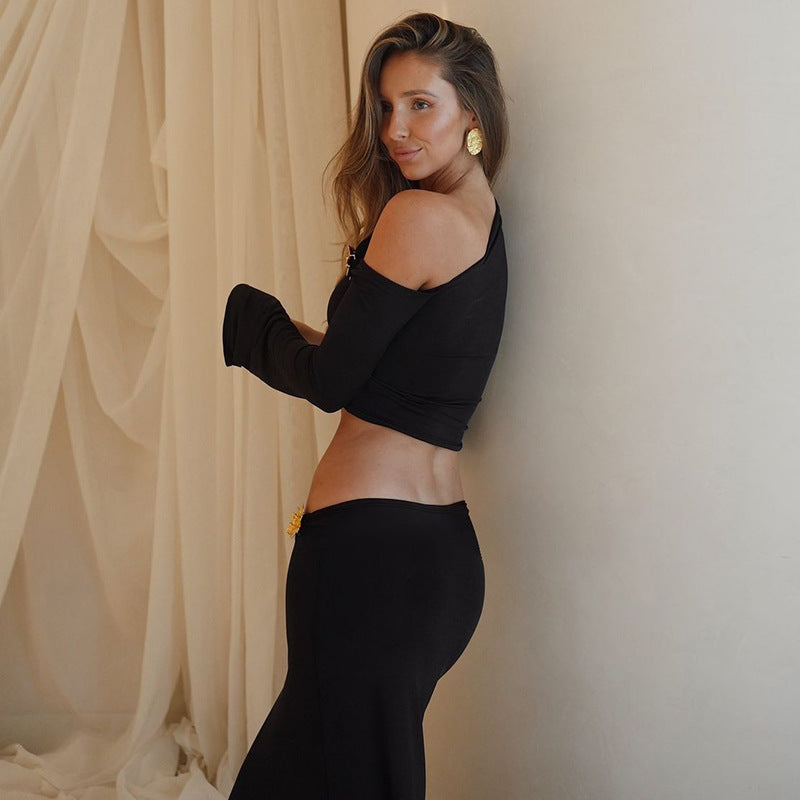 Slim Oblique Shoulder Skirt Suit