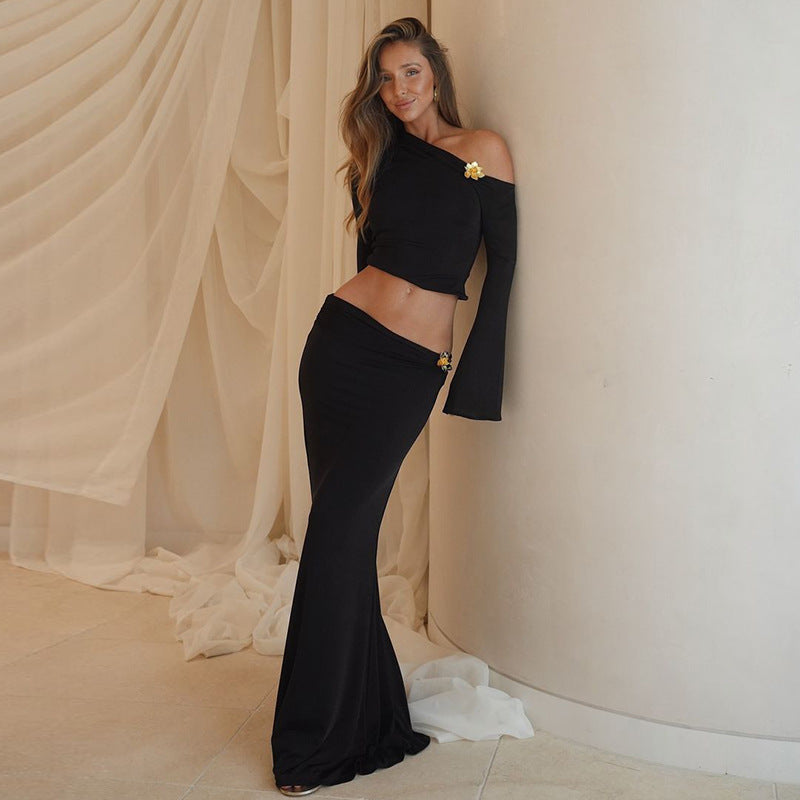 Slim Oblique Shoulder Skirt Suit