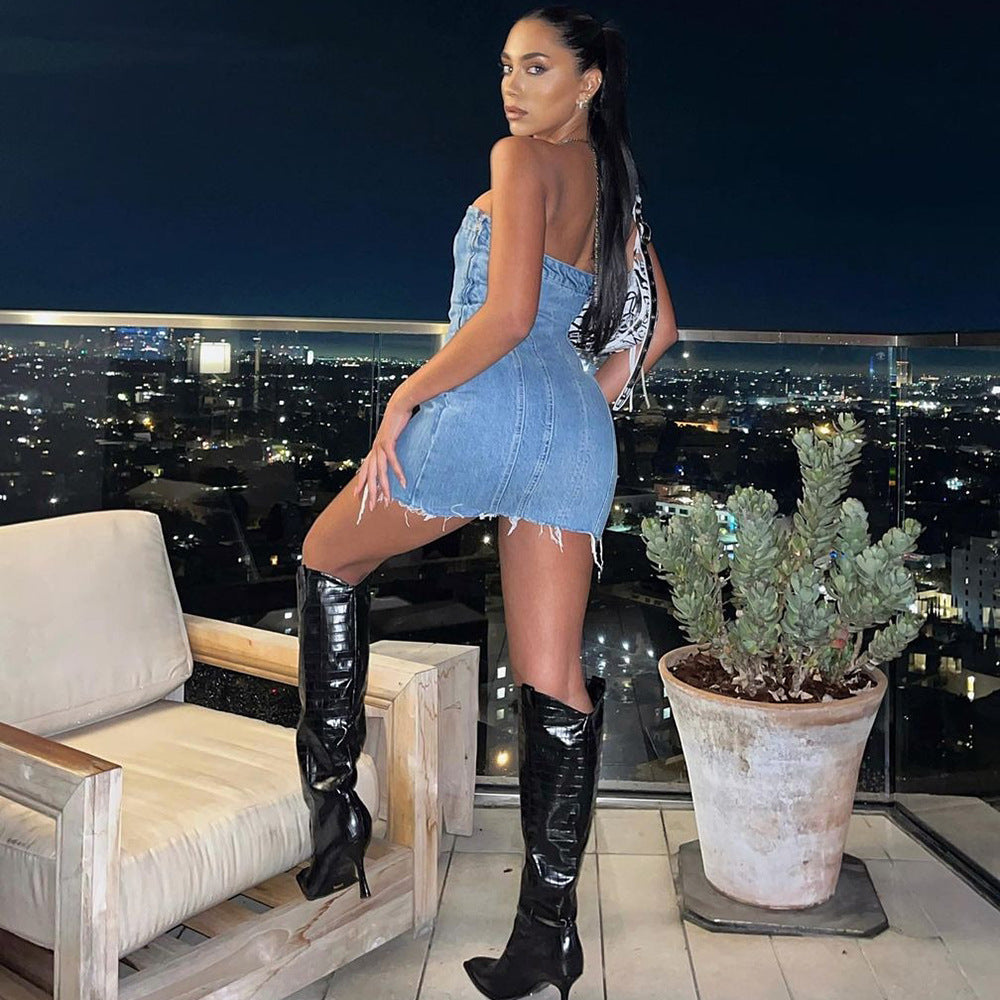 Fashion Backless Tube Denim Dress